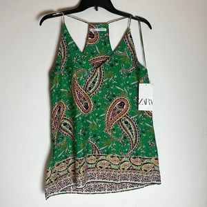 NWT Zara Paisley Green Camisole Racer Back Blouse Size S